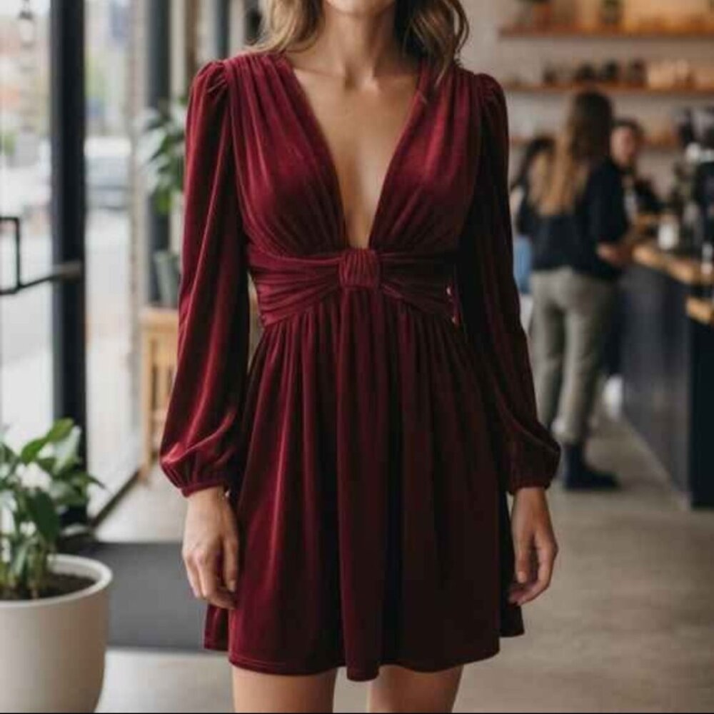 Gianni Bini Mariah dress V-neck Burgundy Velvet S 4